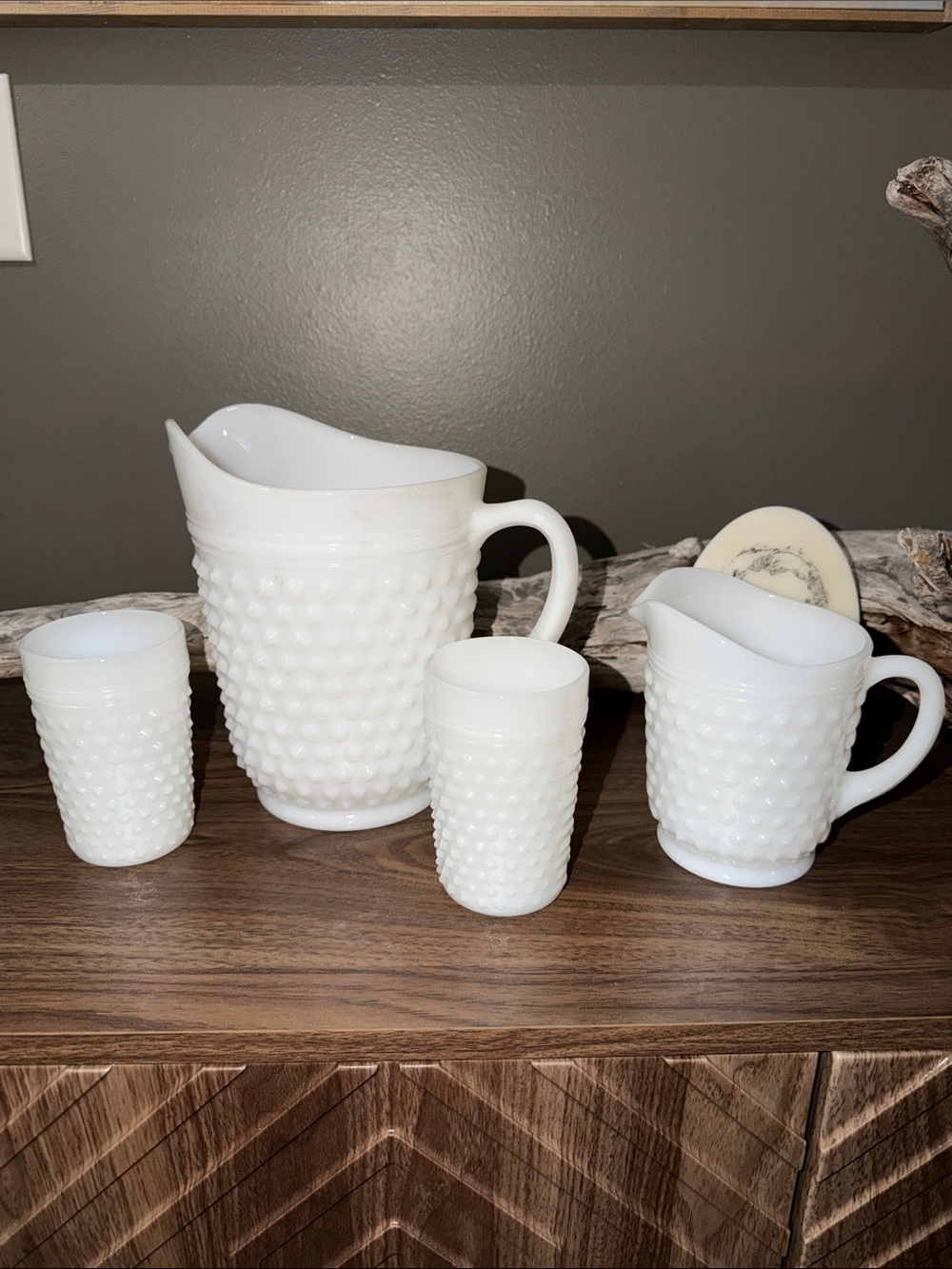Anchor Hocking- Hobnail White Milk Glass Pitcher Drinking Glasses mini Pitcher